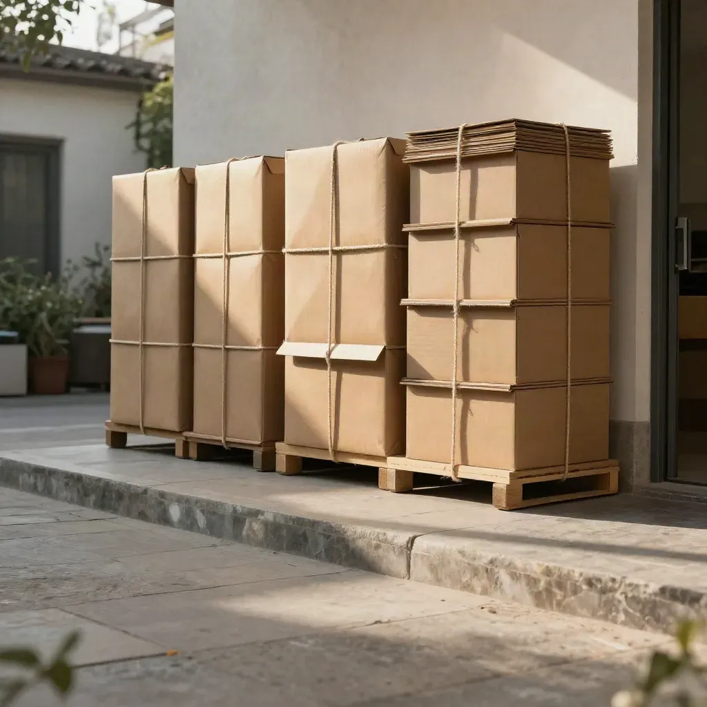 Sunlit shipping bay with stacked canvas cartons and wrapped sets above a calm stone apron.