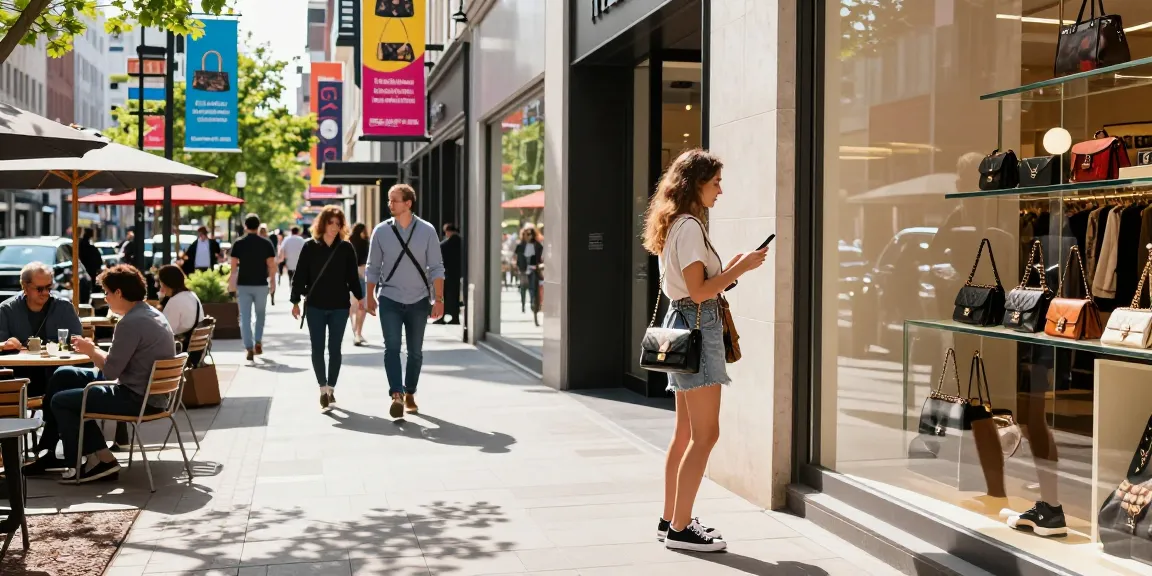 Shopping experience at a 레플리카 사이트 with stylish clothing and lively urban atmosphere.