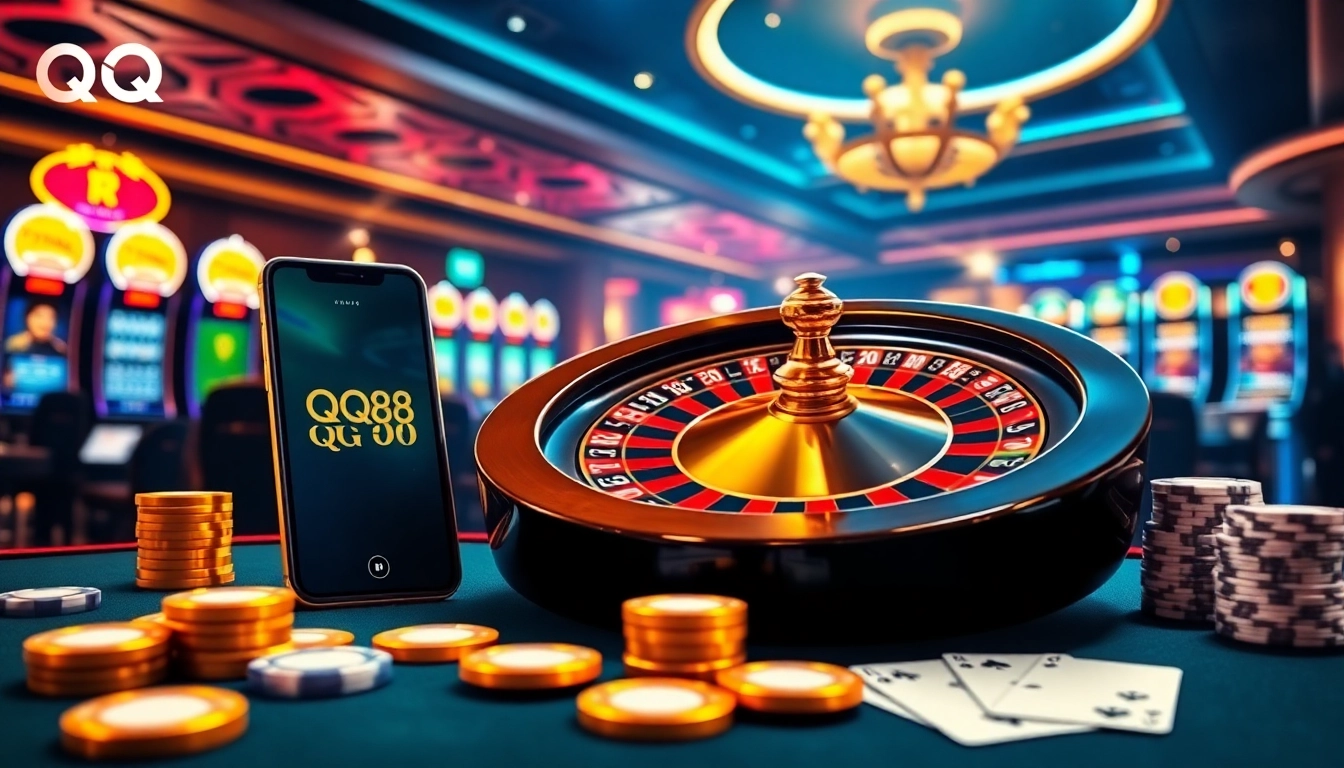Engaging QQ88 online casino scene with vibrant graphics, roulette wheel, and modern gambling elements.