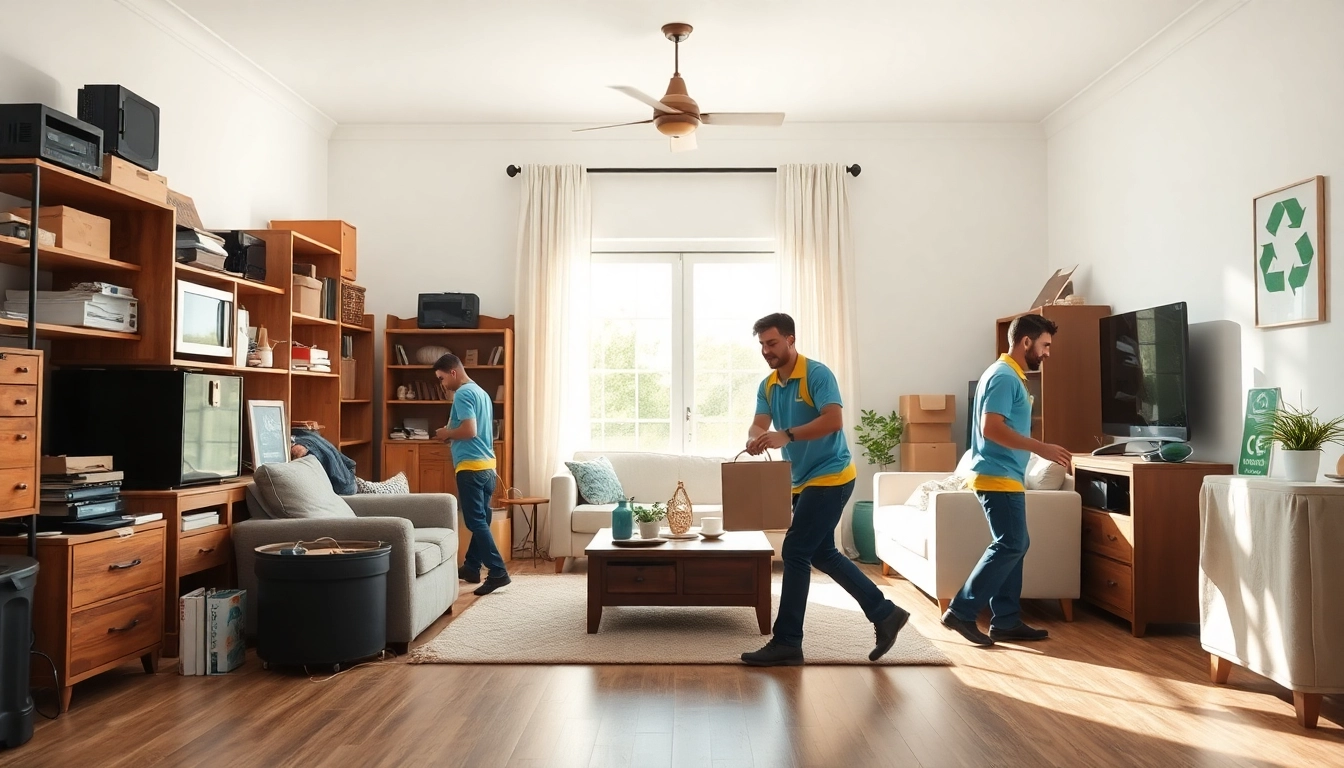 Efficient junk removal team clearing clutter from a home interior, showcasing professional service.