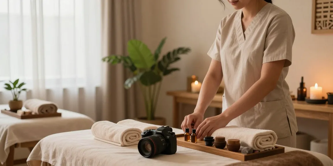 Relaxing wellness studio showcasing makangs.com massage services with soothing ambiance and professional therapist.