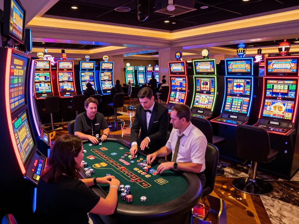 Players enjoying slot machines in a lively casino environment, highlighting Da88 gaming excitement and engagement.