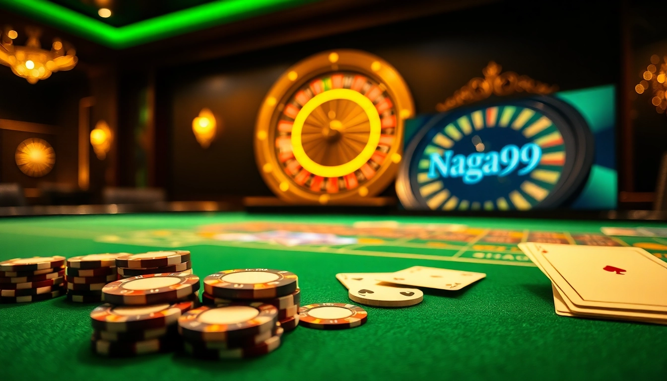 Naga99 casino table with poker chips, cards, and a roulette wheel, capturing luxury and excitement.