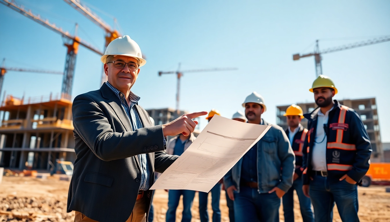 New Jersey Construction Manager leading a team at a busy construction site.