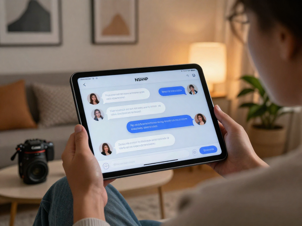 Person interacting with nsfw chat bot on tablet in cozy setting.
