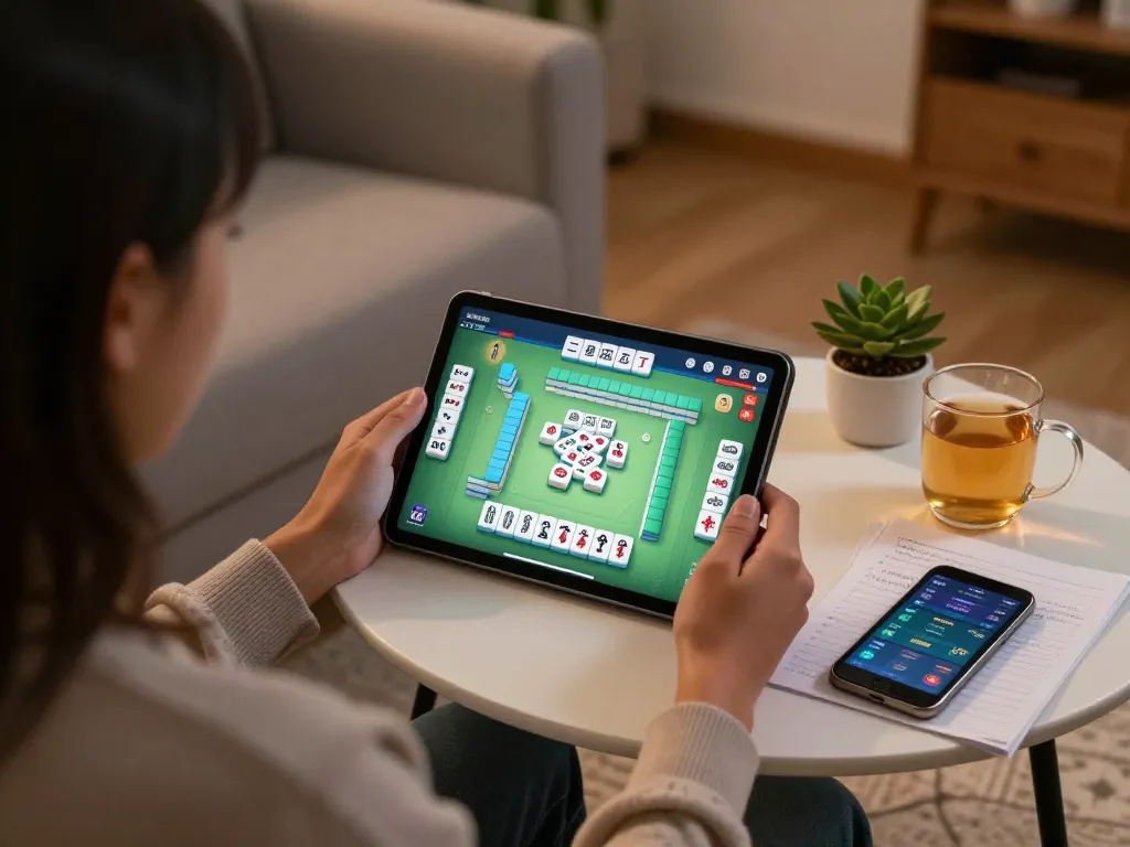 Person engaging in Mahjong on a tablet, highlighting a cozy and strategic home gaming atmosphere.