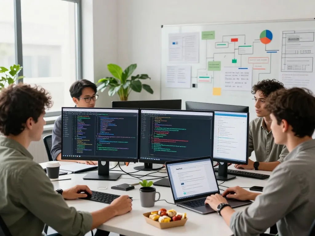 Molt bot developers collaborating in a vibrant tech workspace, showcasing innovative coding and teamwork efforts.