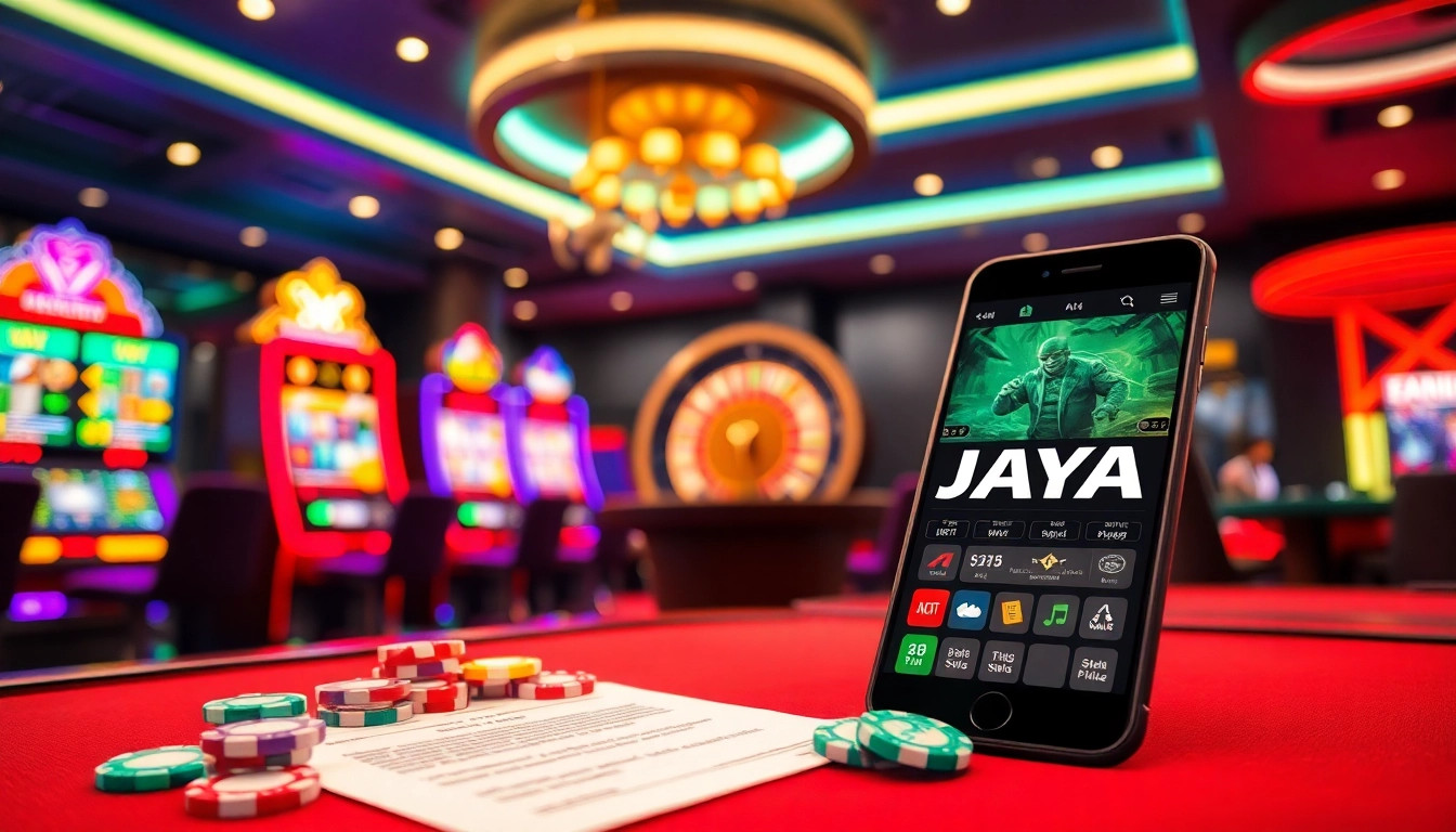 Engage with apk jaya at a vibrant casino scene showcasing poker tables and slot machines.