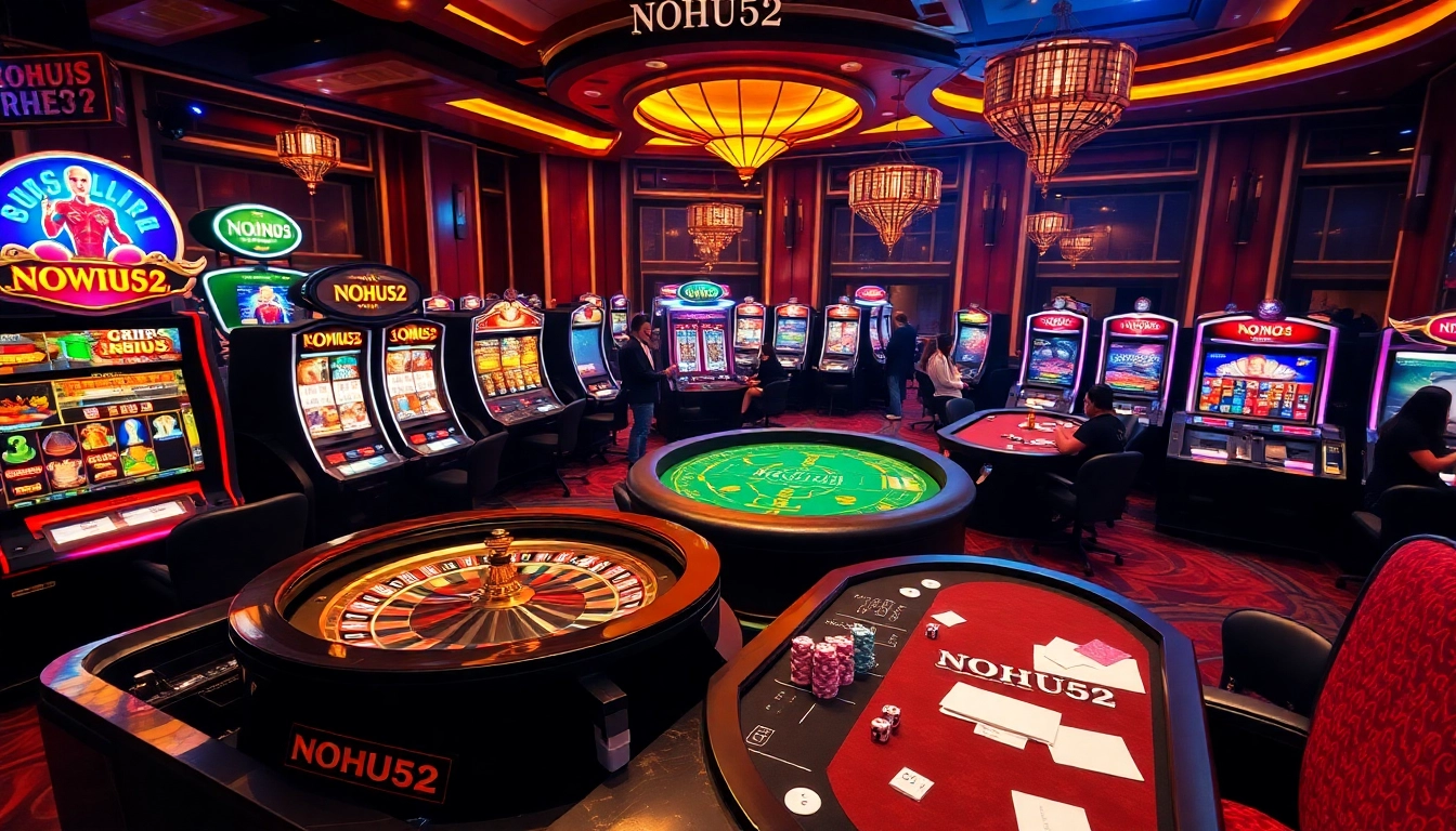Experience the excitement at NOHU52 with vibrant casino tables and lively gamers participating in thrilling games.