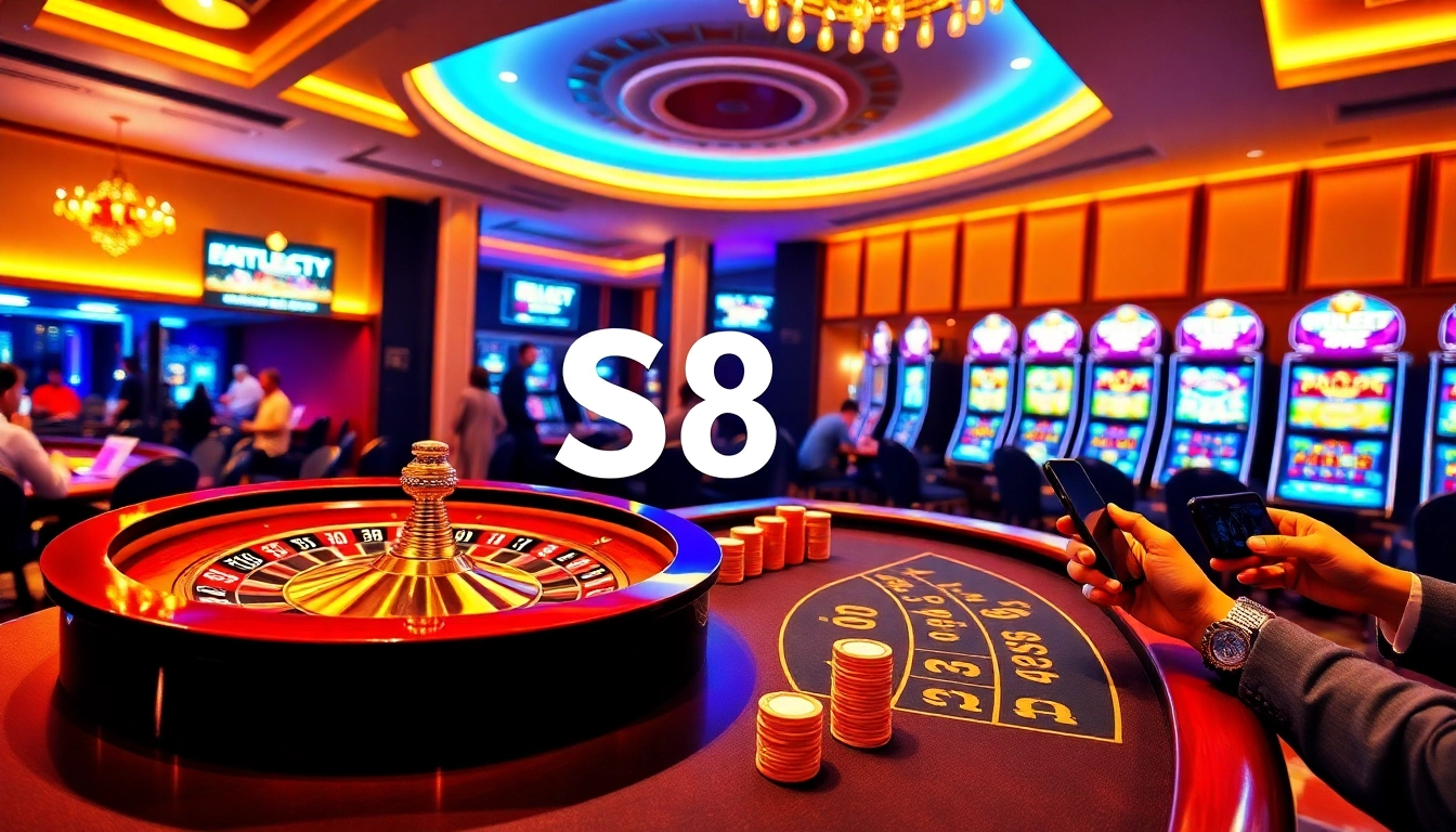 Players enjoy a luxurious S8 casino experience with vibrant slot machines and poker tables.
