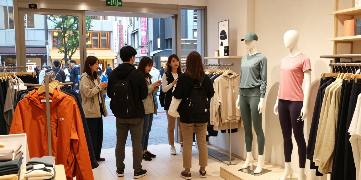 池袋でのBAKUNEリカバリーウェアのショッピングシーン、スタイリッシュなアウトフィットが展示されている様子と買い物客たち。