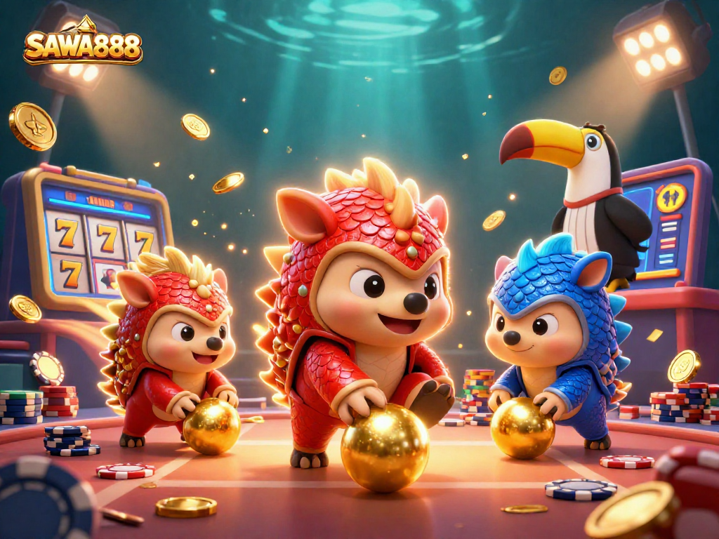 Experience thrilling gambling action with SAWA888 as pangolins roll into golden balls surrounded by dynamic slot reels.