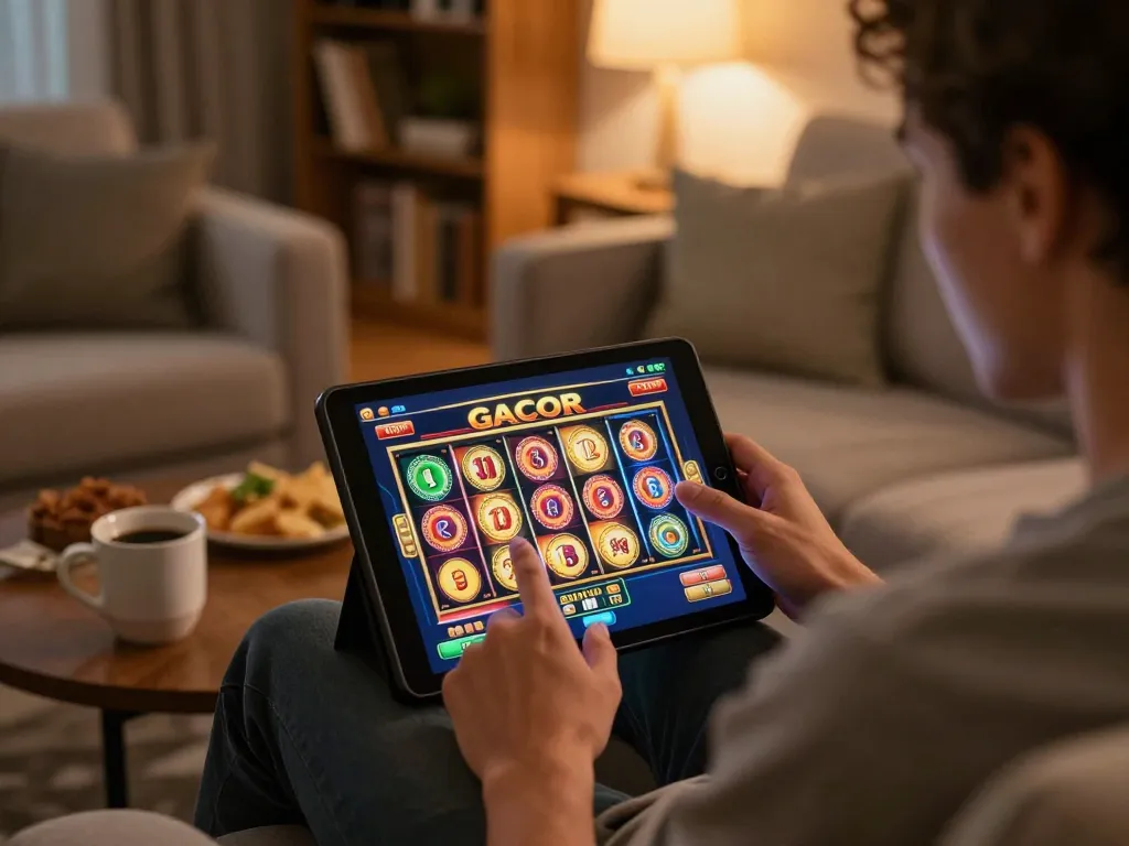 Engaged player spinning a slot gacor game on a tablet, emphasizing cozy home gaming experience.