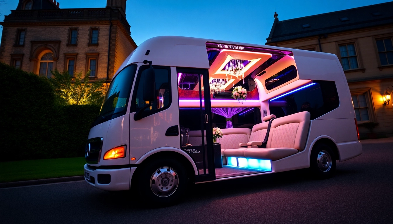 Luxurious wedding party bus transportation UK with elegant interior, soft lighting, and floral decor.