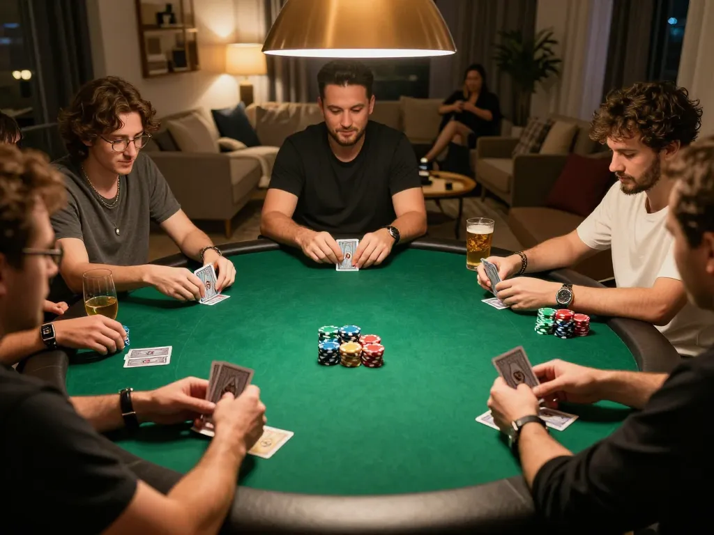 Players enjoying a home poker night with friends, showcasing strategic moves and camaraderie in 5699