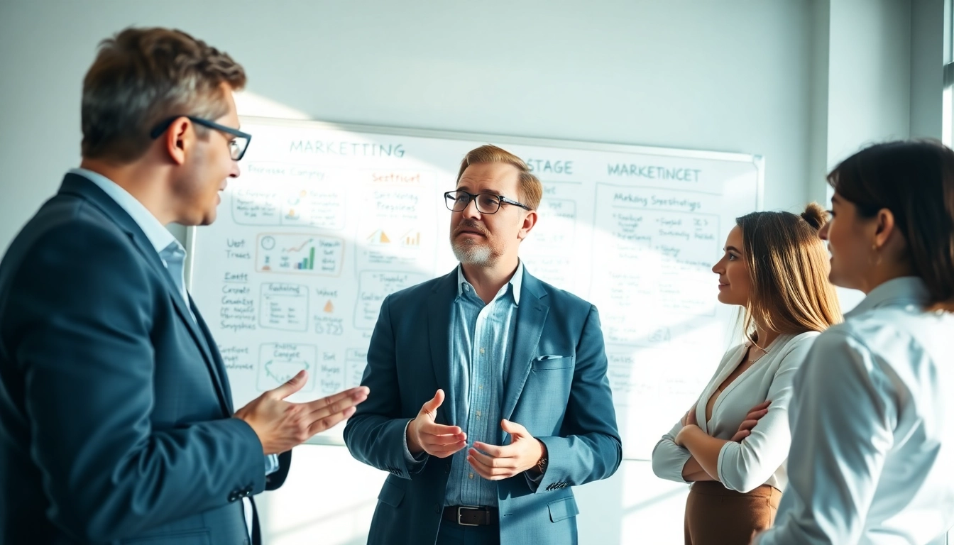 Engaged outsourced marketing director guiding a team in a modern office.