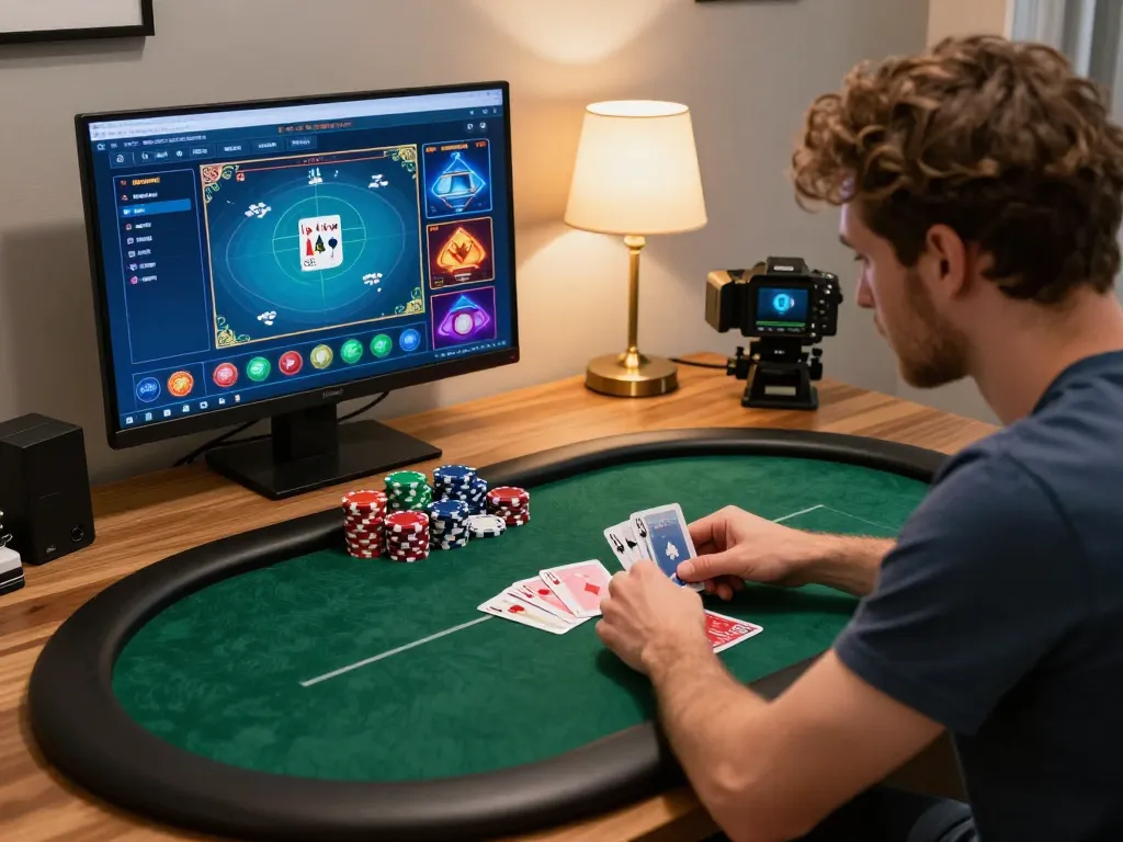 Player engaging in a strategic online poker game at home using tg88, showcasing intense focus and competitive spirit.