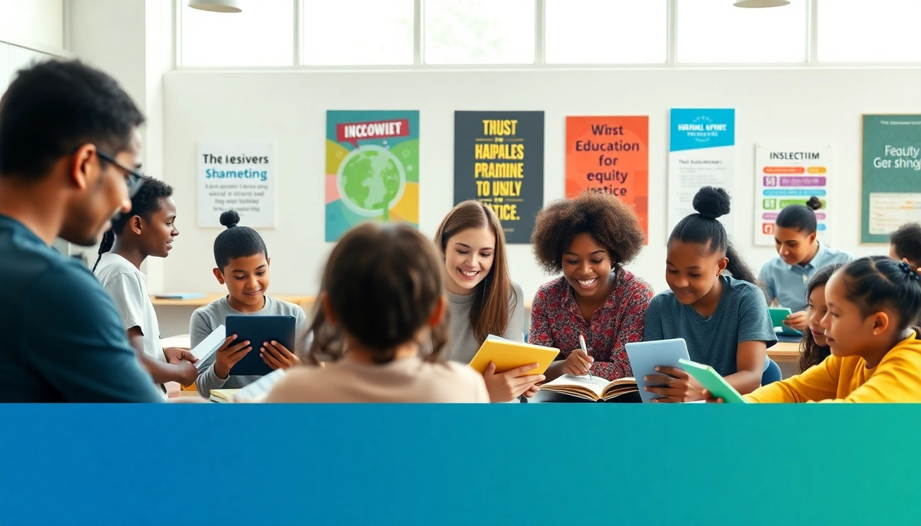 Interactive classroom scene promoting education, equity, and collaboration among diverse students.