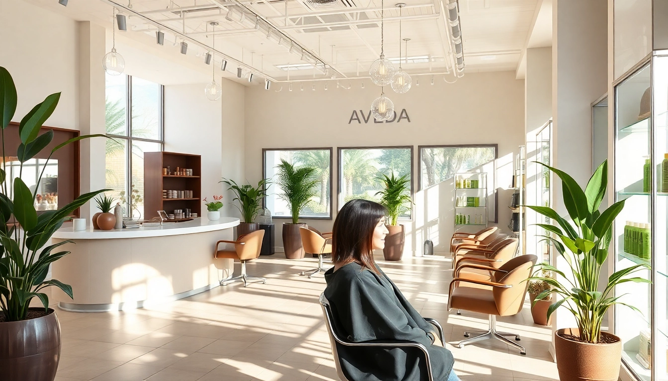 Aveda salon San Diego interior with a stylist performing a haircut in a welcoming, eco-friendly environment.