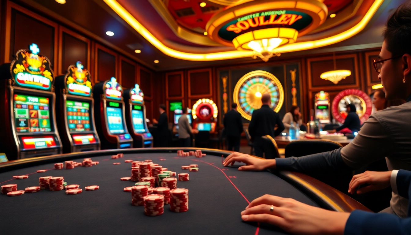 Experience the excitement of sunwin as players engage in high-stakes poker at a luxurious casino table.