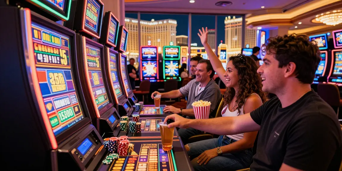 Guests experiencing thrilling gameplay at a slot 5000 machine in a vibrant Las Vegas casino, surrounded by bright lights and excitement.