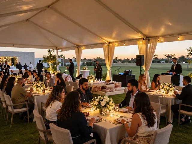 Event rental ksa showcased in an elegant outdoor event space with guests enjoying premium setups.