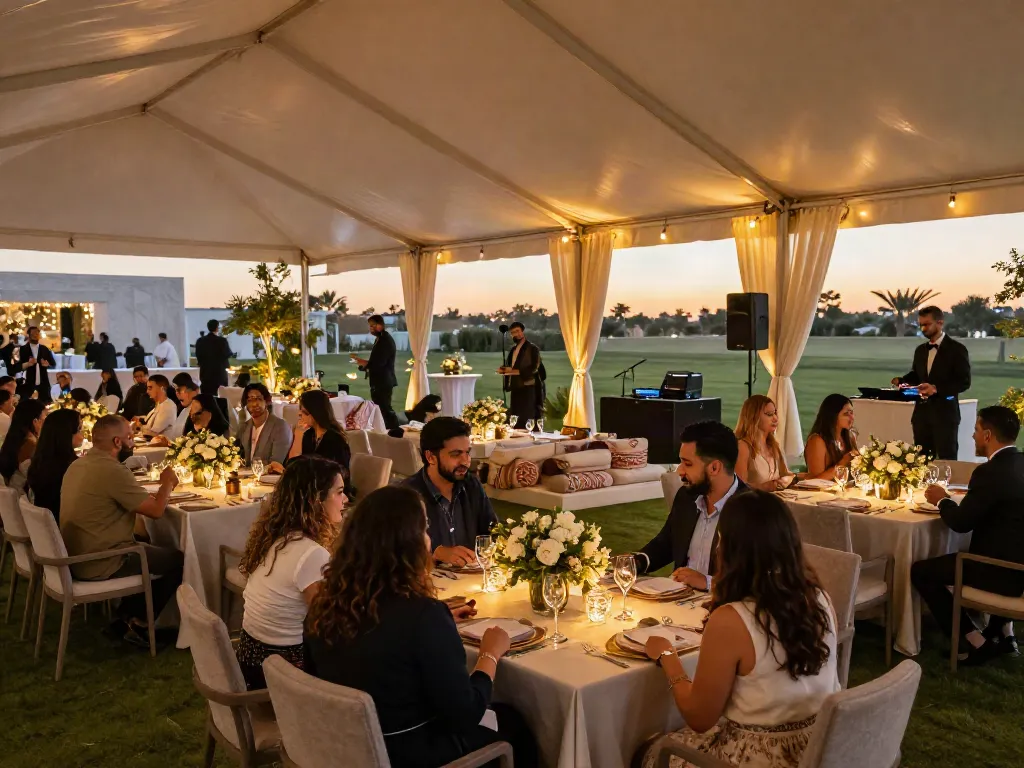 Event rental ksa showcased in an elegant outdoor event space with guests enjoying premium setups.