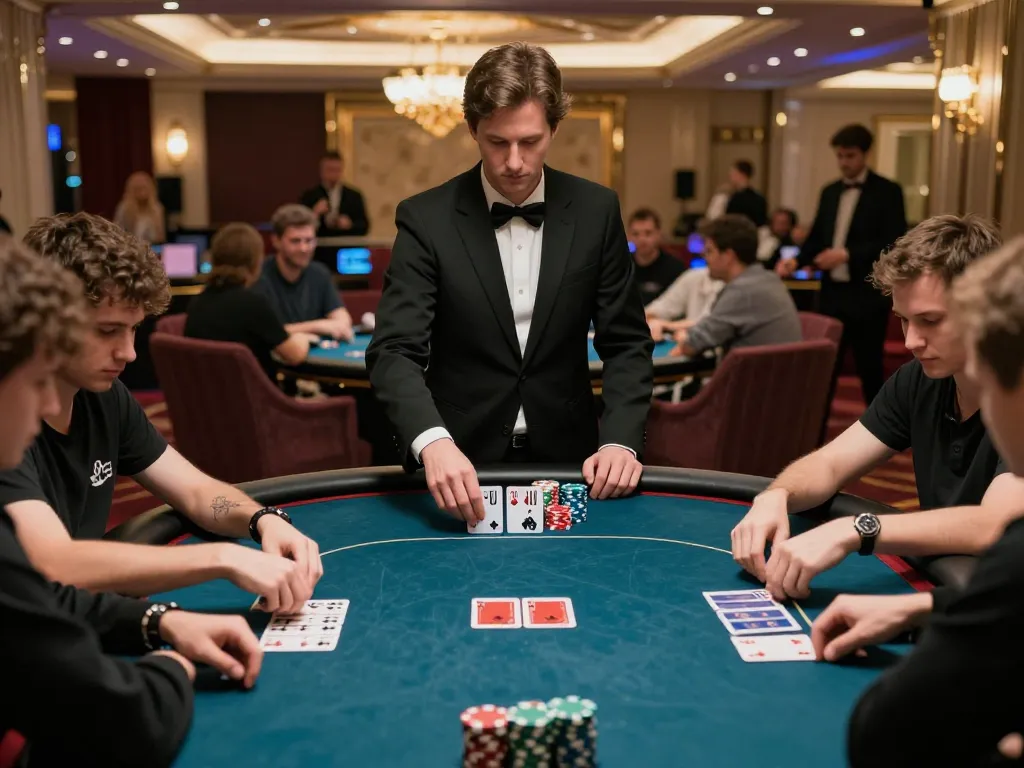 Competitive poker gameplay at uu88ae casino with players betting and dealers managing, vibrant atmosphere.