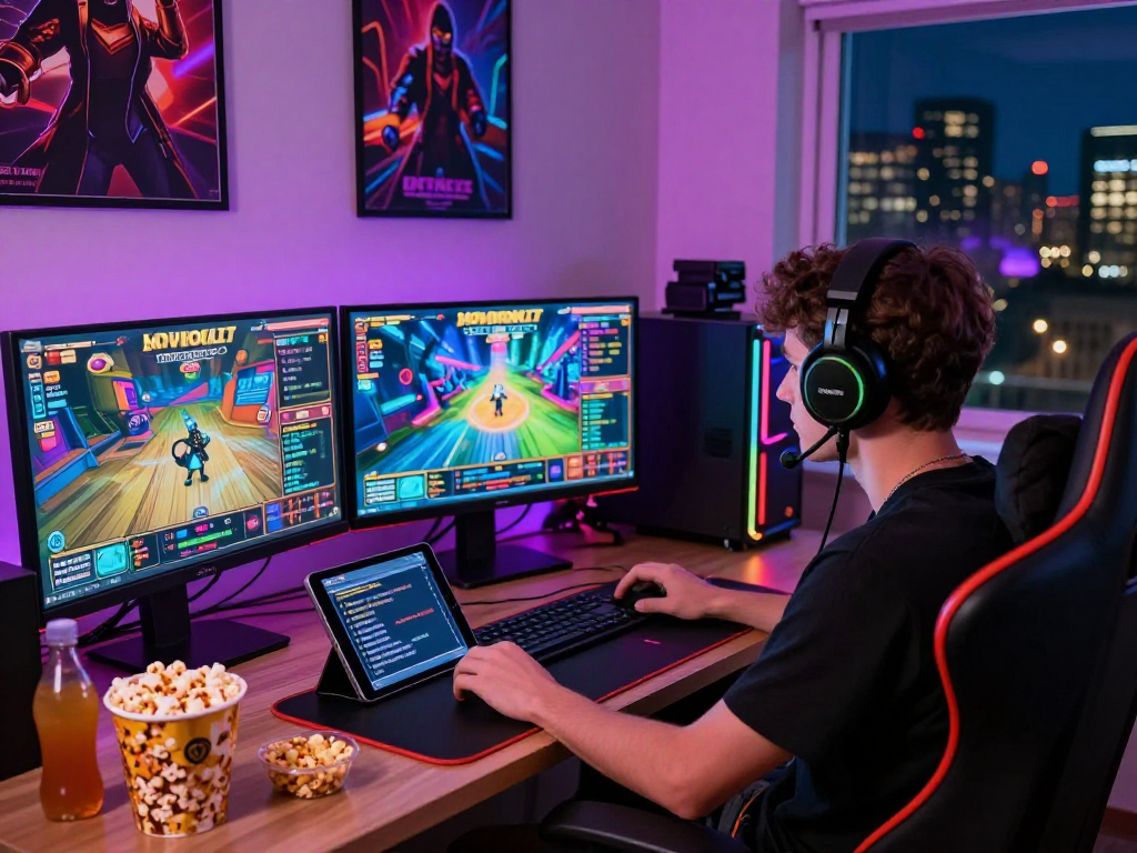 Pengalaman bermain slot gacor dengan gamer terfokus di meja modern, menampilkan grafik permainan yang cerah.