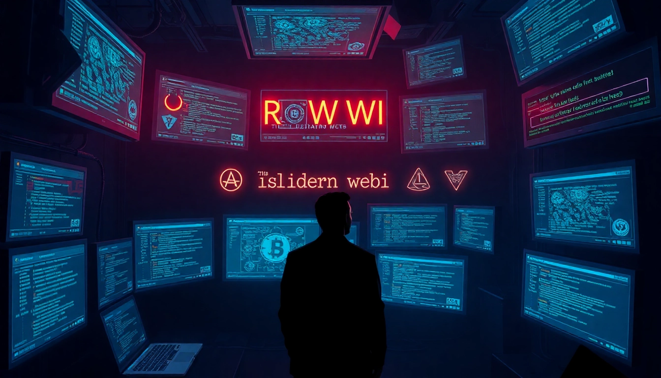 The hidden wiki displayed on multiple glowing screens in a darkly lit cyber environment.