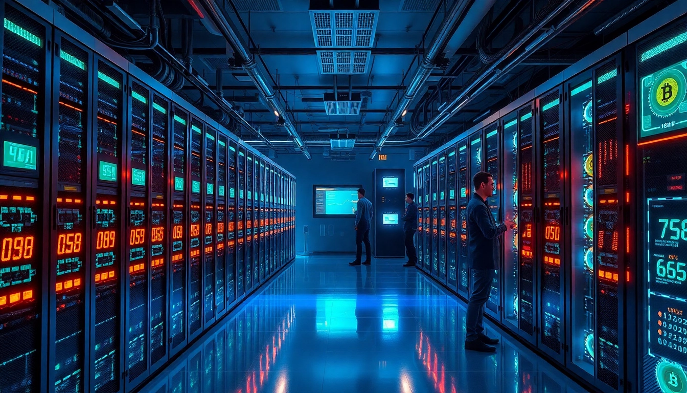 Efficient bitcoin cloud mining facility showcasing renewable energy technologies and advanced mining rigs.
