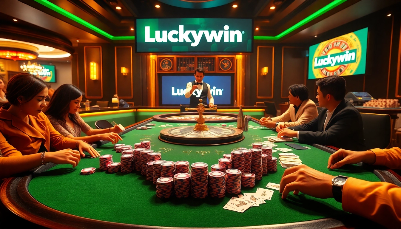 Players enjoying a thrilling poker game at Luckywin casino, surrounded by chips and excitement.