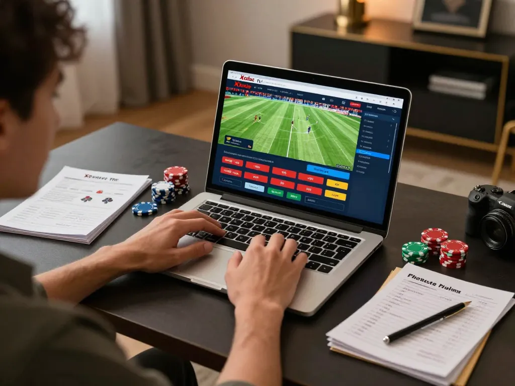 Xoilac offers a dynamic online sports betting experience, featuring live football matches on an elegant laptop setup.