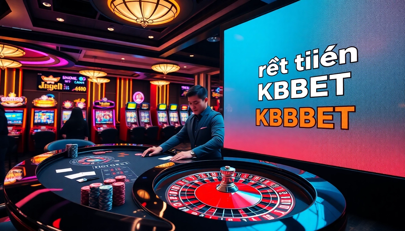 Rút tiền KBBET showcased in a vibrant casino scene with a professional dealer and colorful gaming elements.