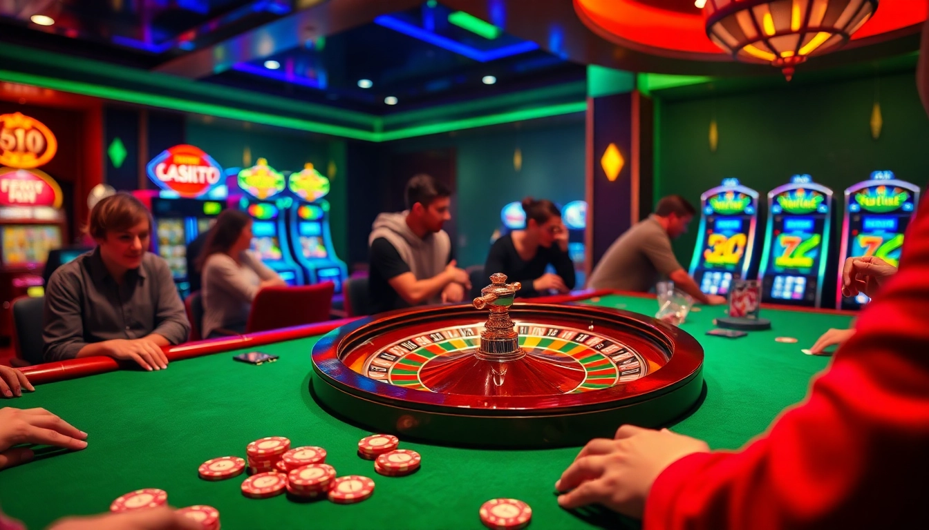 Experience the excitement of lucky88 with a vibrant casino scene featuring roulette, poker chips, and illuminated slot machines.