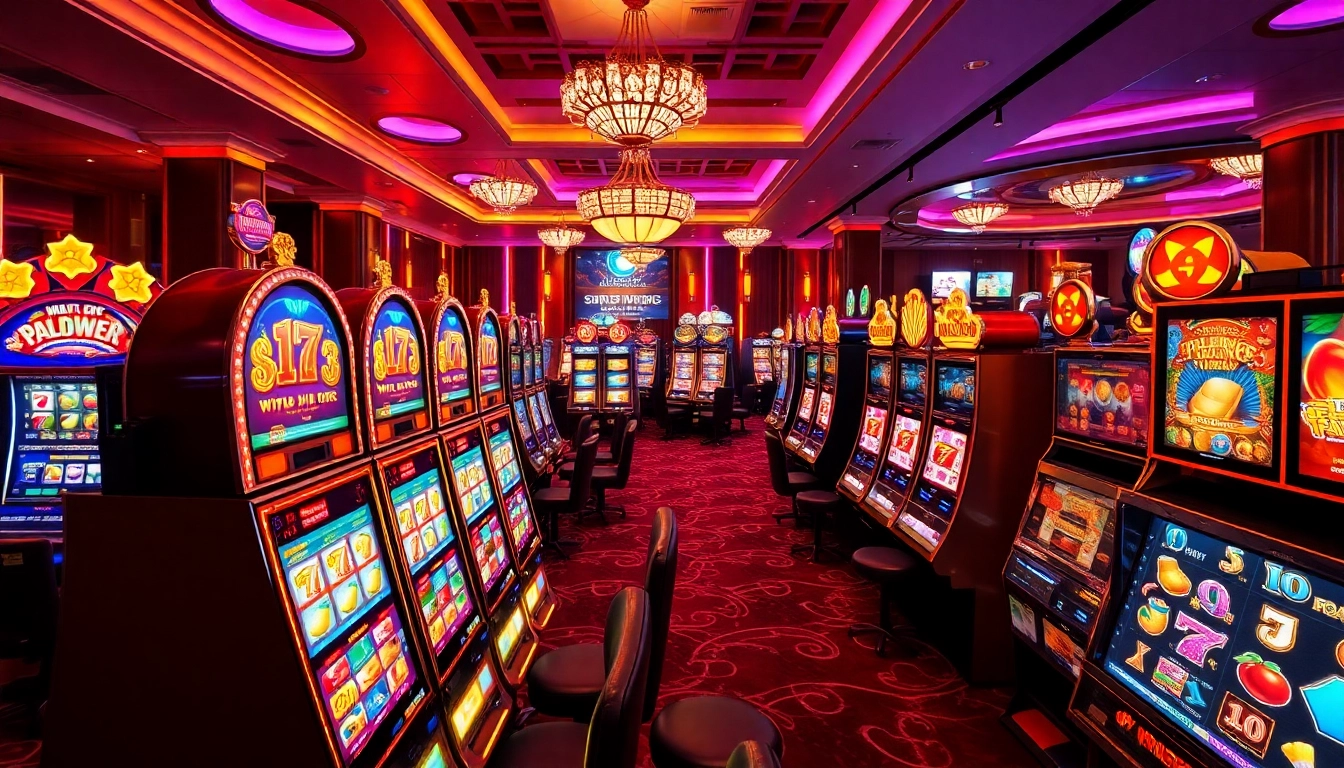 Players enjoying exciting SLOT machine wins in a vibrant casino setting with luxurious decor.
