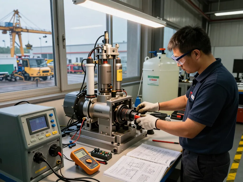 Technician working on Bosch Rexroth hydraulic systems in an industrial workshop.