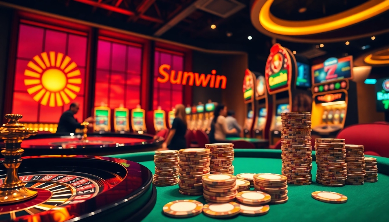 Play in style at Sunwin with a luxurious casino scene featuring rich roulette and poker elements.