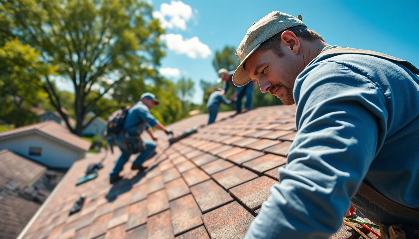 Inspecting reliable roofing services installation with a team on a sunny day.