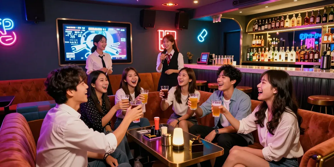 인천쓰리노에서 친구들과 즐거운 시간을 보내는 모습, 화려한 조명과 고급스러운 인테리어의 노래방.