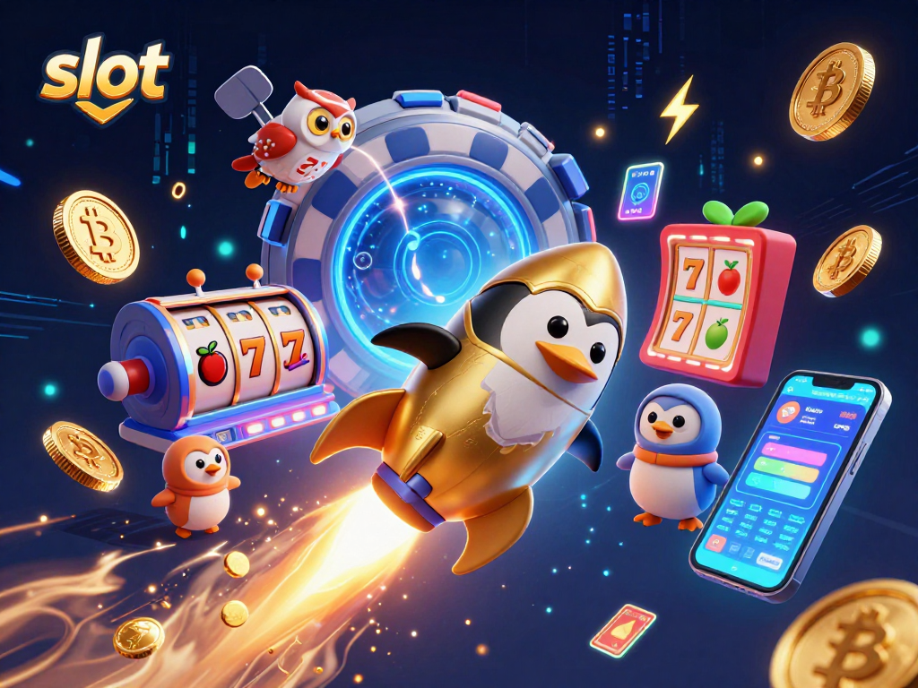 Slot yang menarik dengan penguin emas dan simbol jackpot, menunjukkan peluang menang di kasino.