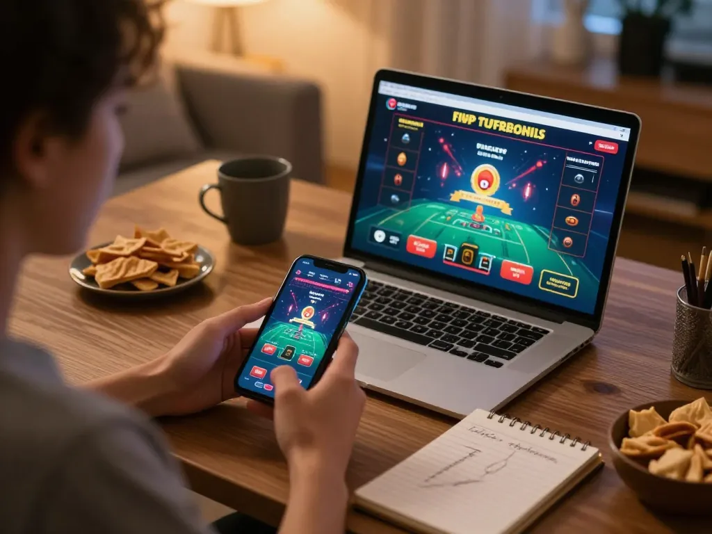 Player celebrating a win while playing 32win online casino game in cozy setting