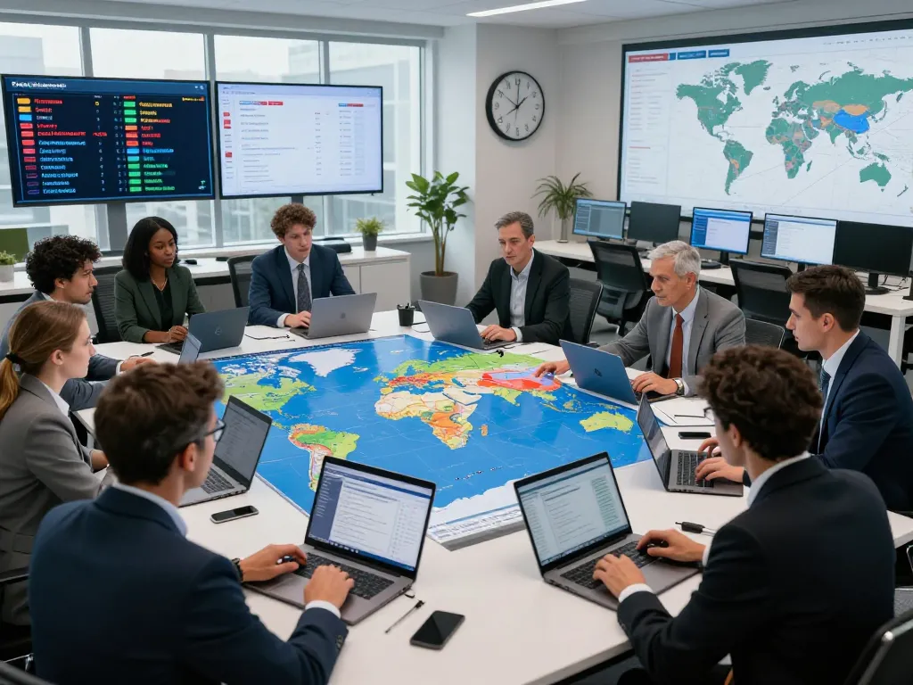 International Crisis Watch analysts collaborating in a modern office with digital conflict maps.