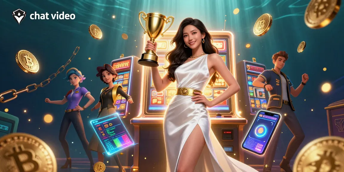 Engage in chat video with real players in a vibrant casino-themed scene featuring slot machines and gold trophies.