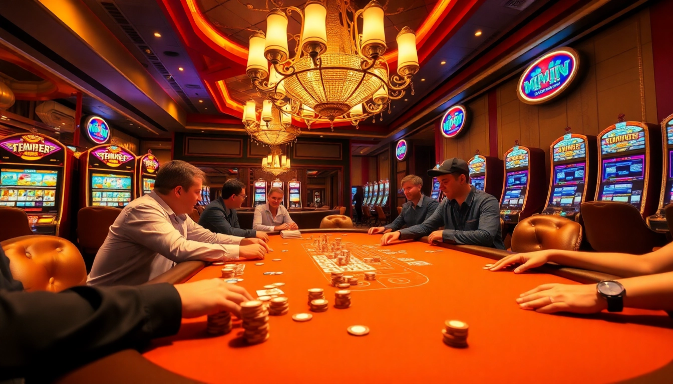 MM888 poker players at a vibrant casino table, showcasing excitement and luxury in gaming.