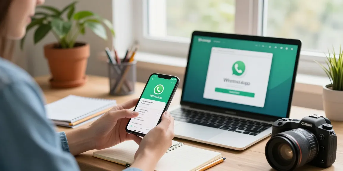 WhatsApp下載 on a smartphone in a cozy workspace setup with laptop and personal notes.
