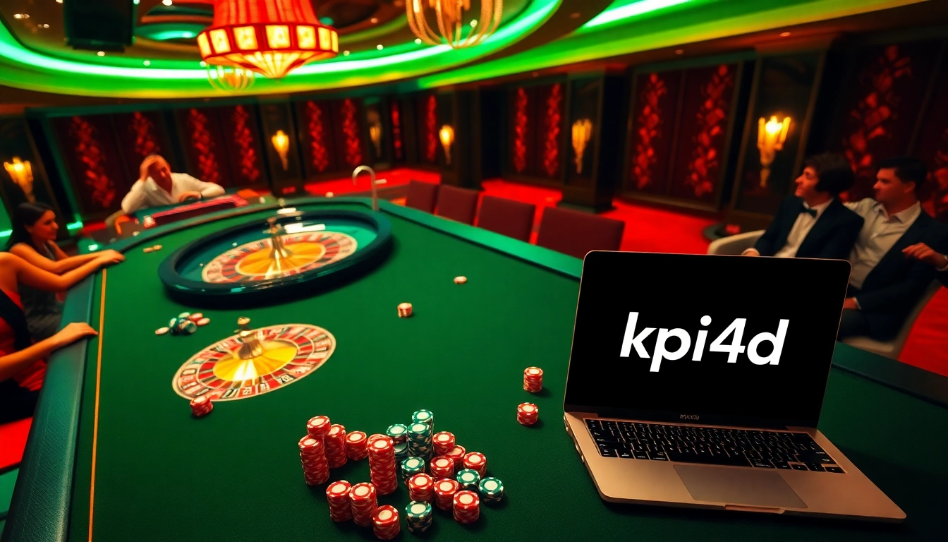 KPI4D's vibrant casino atmosphere with roulette and poker chips, inviting excitement and professionalism.