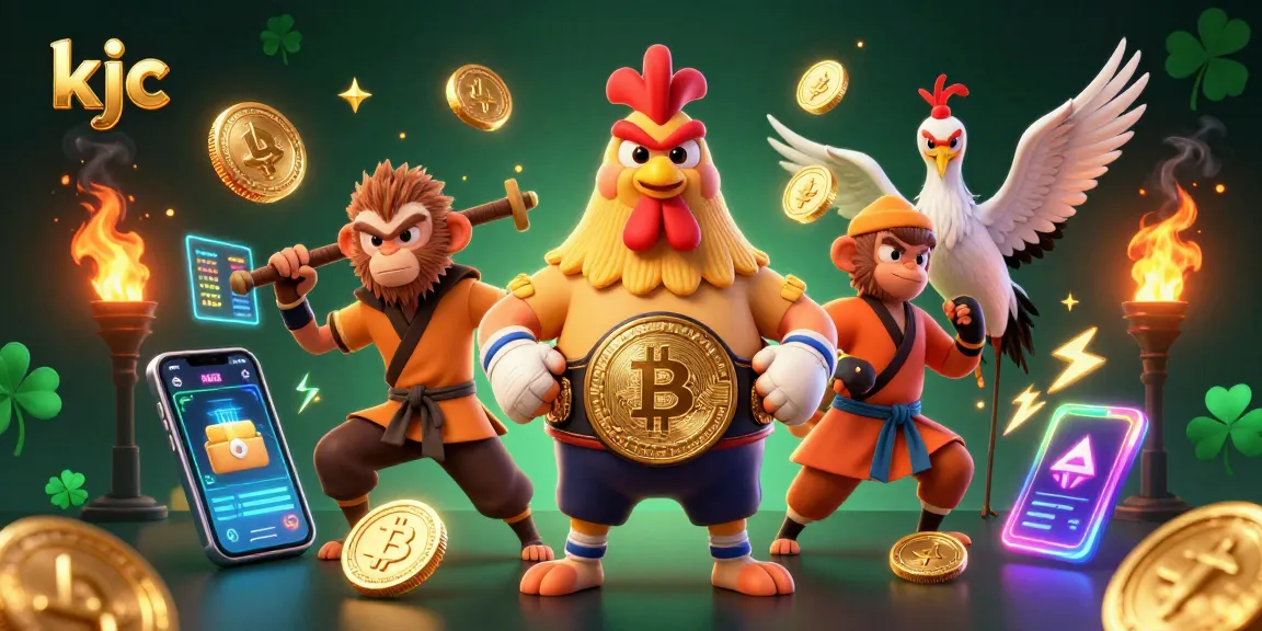 Experience exciting gaming at KJC with a fierce rooster and monkey masters amidst vibrant cryptocurrency elements.
