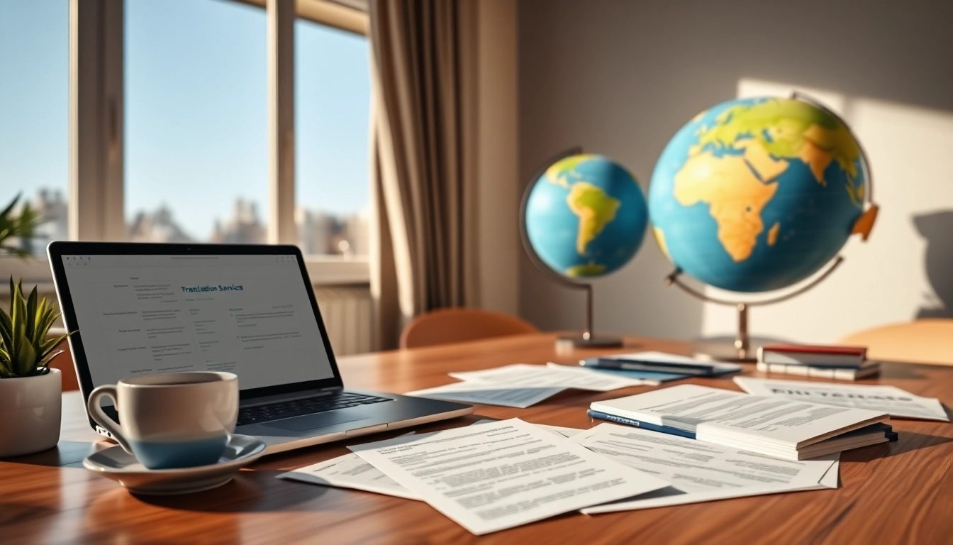 Espace de travail professionnel pour un traducteur assermenté en ligne avec des documents et un ordinateur portable.