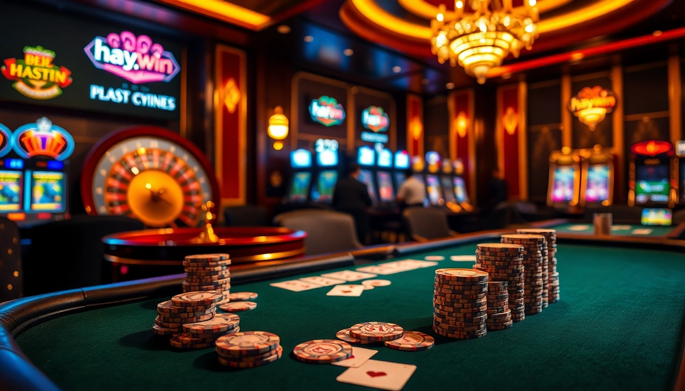 Players strategizing at a luxurious casino table featuring hay.win branded poker chips and cards.